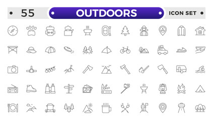 Outdoors outline icon set .The set includes a Camping, Hiking, Compass, Mountain, Fishing, Tourism, Carabiner, Climbing, Kayak, Map, Flashlight, Picnic, Bench, Bicycle, Recreation, Outdoor, Nature.