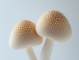 close up of two mushrooms with a patterned cap