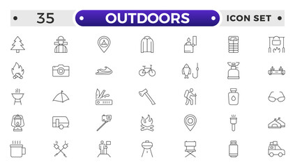 Outdoors outline icon set .The set includes a Camping, Hiking, Compass, Mountain, Fishing, Tourism, Carabiner, Climbing, Kayak, Map, Flashlight, Picnic, Bench, Bicycle, Recreation, Outdoor, Nature.