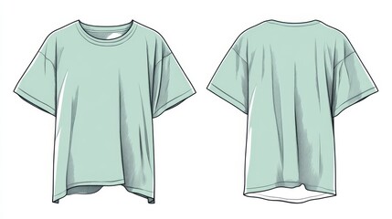 Naklejka premium 21.Technical flat drawing of a unisex oversized t-shirt, front and back view on a white background, showcasing clean lines and detailing; includes white and green color options, ideal for fashion