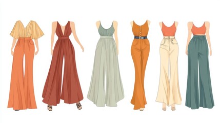 54.Set of flat sketches of womenâ€™s palazzo pants, showing a range of designs with high waists, flowing legs, and various belt and pocket details; vector illustrations emphasize the relaxed, elegant