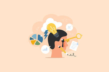 Creative Design Storm, Brain and Thought Illustration.  head with a thought bubble featuring a light bulb.