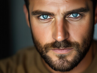 Fototapeta premium Mesmerizing Close-Up of a Charming Man: Captivating Blue Eyes and Rugged Stubble That Draw You In with Irresistible Intensity