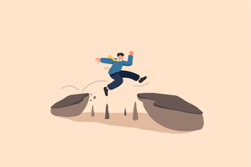 Error and 404 Man Jump Illustration. a man mid-jump over a gap between cliffs, symbolizing bravery, determination, and overcoming challenges.