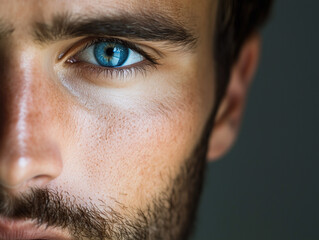 Naklejka premium A Captivating Close-Up of a Handsome Man with Mesmerizing Blue Eyes and Rugged Stubble, Exuding Irresistible Charm Through His Intense Gaze.