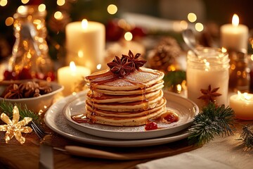 Warm and Cozy Breakfast Table Setup Featuring Stack of Fluffy Pancakes Drizzled with Honey Surrounded by Candlelight and Festive Decorations