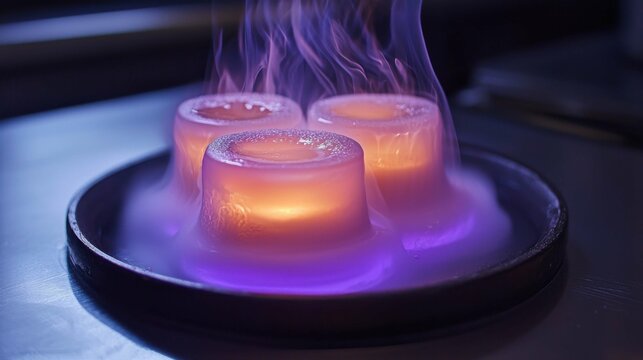 Three colorful gelatin desserts emitting vapor, showcasing advanced cooking techniques. A fusion of art and science in modern cuisine.