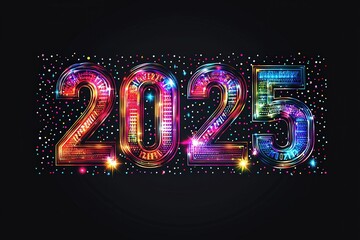 The display showcases large, illuminated numbers reading 2025, surrounded by a burst of colorful confetti and sparkling lights, creating a festive atmosphere for the New Years celebration.