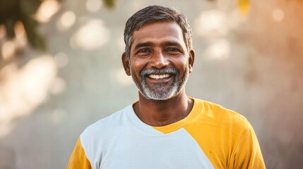 Fototapeta premium 4.Portrait of a happy Indian man outdoors in summer attire, with a yellow and white t-shirt, smiling directly at the camera; strong sunlight adds warmth, while shadows on the plain wall behind him