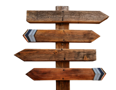A rustic wooden sign with multiple arrows pointing in various directions. Transparent background.