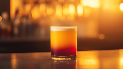 Layered cocktail in rocks glass on bar.