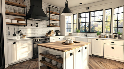 Modern Farmhouse Kitchen Design: White Cabinets, Rustic Island