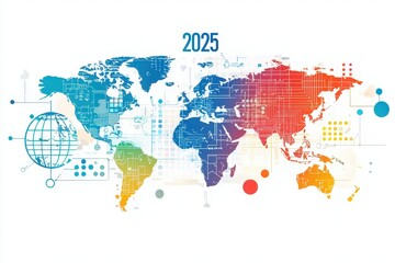 A colorful map illustrates global technology trends and connectivity for 2025, featuring vibrant shades representing different regions.