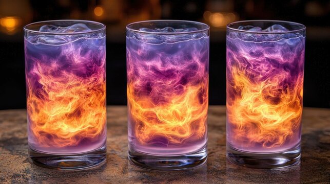 Three glasses filled with vibrant, swirling drinks feature glowing flames in shades of purple and orange, creating a striking visual effect.