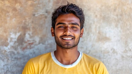 Obraz premium 5.Smiling Indian man in casual yellow and white t-shirt, facing the camera under direct summer sunlight; standing against a plain wall, the sunlight casts defined shadows, adding a bright, cheerful