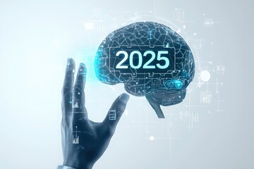 A human hand extends towards a digital brain graphic displaying the year 2025. The background features abstract technology and data elements, signifying future innovation.