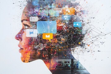 Urban brain connectivity social media influence on communication networks vibrant cityscape artistic profile view