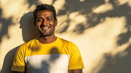 3.Indian man in a yellow and white t-shirt, smiling confidently in the sunlight, standing against a plain wall; the sunlight creates a strong contrast, casting shadows that emphasize the summer