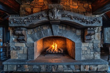A stone fireplace with a roaring fire.