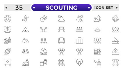 Scouting outline icons showing the equipment and activities for hiking, camping and outdoor education including fire, cooking, backpack, tent, canoe, compass, canteen, archery and lantern.