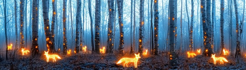 A serene forest scene illuminated by glowing foxes, surrounded by tall trees in a mystical, blue-toned atmosphere.