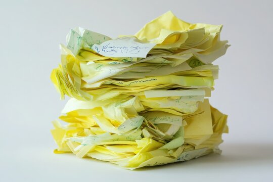 A stack of crumpled yellow notes filled with handwritten ideas sits on a clean white surface, representing brainstorming efforts and creative thinking in an office or study environment.