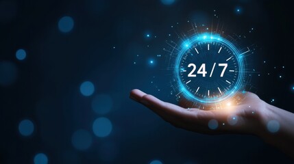 A hand holding a clock that says 24/7