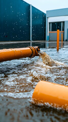 Industrial Flood Drainage Orange Pipes Pumping Water near Factory.
