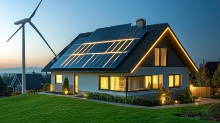 Obraz premium A modern house with solar panels and a wind turbine, illuminated at night, showcasing sustainable living and eco-friendly design.