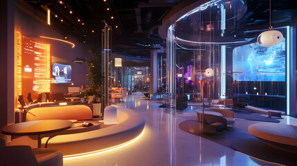 Fototapeta premium Futuristic Tech Company Lobby: Modern Architecture and Neon Lighting