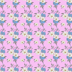 Floral pattern design featuring blue and white flowers on pink background, creating vibrant and cheerful atmosphere. Perfect for textiles and wallpapers
