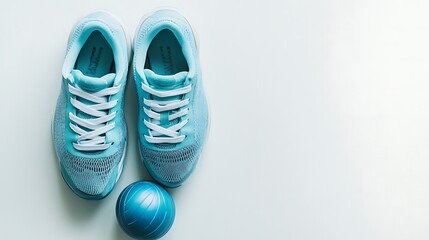 A pair of gym shoes with a small exercise ball resting on a clean white background, symbolizing active lifestyles and fitness 