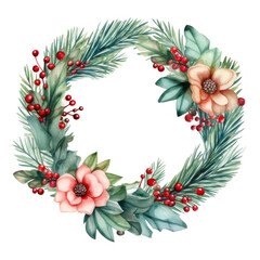 Fototapeta premium Watercolor Holly Berry Wreath Festive Winter Decor