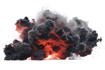 Red fire and dark black smoke isolated on transparent background with particles 