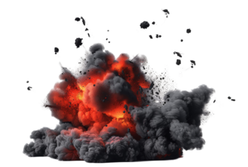 Red fire and dark black smoke isolated on transparent background with particles 