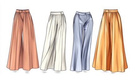 56.Flat technical drawing set of palazzo pants for women, featuring multiple views and designs with loose, wide-leg cuts, high-rise waistbands, and subtle pleating; vector illustrations focused on