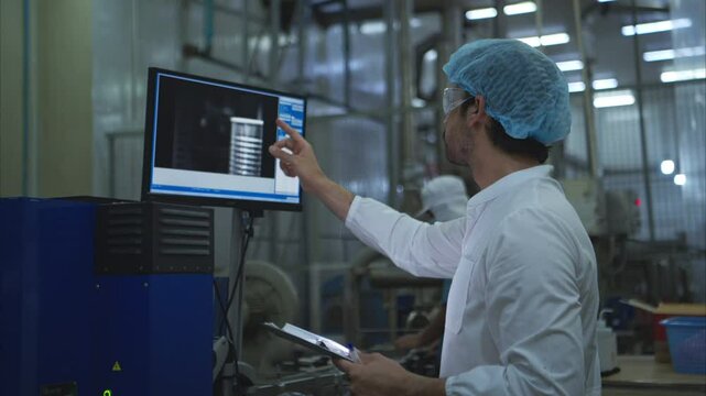The production control supervisor inspects and controls the operation of machines in the manufacturing line of a canned fish industry