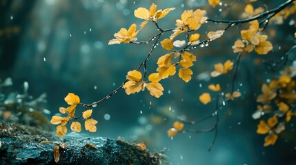 Golden Autumn Rain: Tranquil forest scene with yellow leaves glistening under a gentle rainfall, capturing the serene beauty of the fall season.