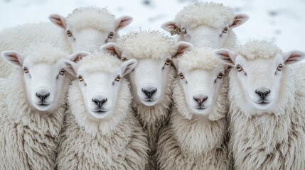 Seven fluffy white sheep looking directly at the camera, closely huddled together in winter.