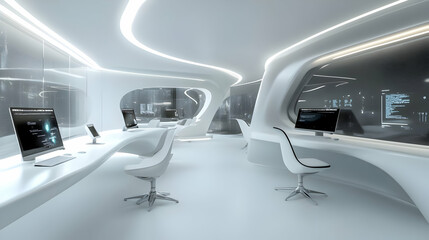 Futuristic Office Interior Design: Modern White Workspace