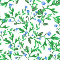 Blueberries with green leaves wax crayons seamless pattern on white isolated background. Textural and botanical repeating pattern. Design for textiles, wrapping paper and wallpaper.