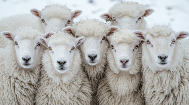Seven fluffy white sheep looking directly at the camera, closely huddled together in winter.