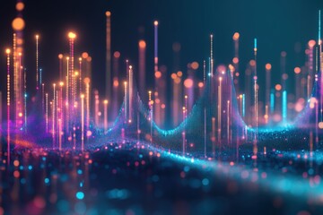 Obraz premium Dynamic sound waves glow in vibrant hues, creating an abstract landscape of audio data. The digital visualization features fluctuating peaks and valleys, surrounded by light particles.