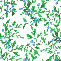 Blueberries with green leaves wax crayons seamless pattern on white isolated background. Textural and botanical repeating pattern. Design for textiles, wrapping paper and wallpaper.
