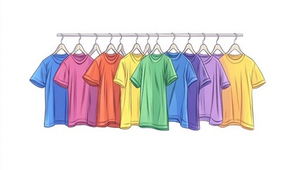 44.Cartoon vector of hanging t-shirts in an array of colors, each on a hanger; clean lines and bright colors, isolated on white, giving a playful, accessible look for clothing store or wardrobe