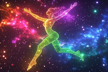 Fototapeta premium Colorful silhouette of a woman surrounded by vibrant cosmic energy at night