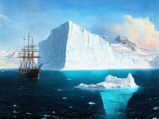 Obraz premium Navigational danger iceberg and ship in arctic waters highlighting global warming threats