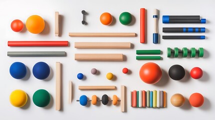An assortment of balance training tools arranged neatly on a bright white surface, ideal for fitness themes 