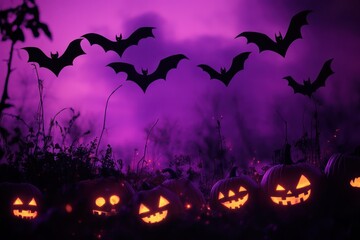 Naklejka premium Spooky Halloween Night with Colorful Pumpkins and Bats Silhouetted Against a Mystical Purple Fog Background