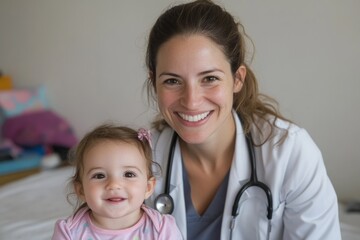 Smiling doctor with stethoscope and young child in a warm environment. 